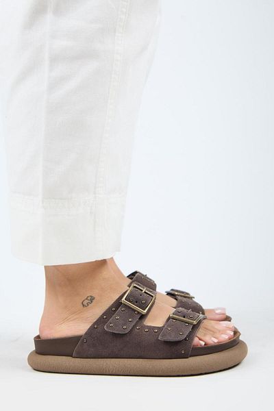 Manijero (Sude) Women's Genuine Leather Double Buckle Trock Light Brown Slippers
