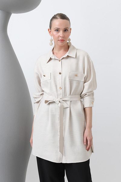 Puane Women's Belted Tunic with Button Detail - 10658Tun - Stone