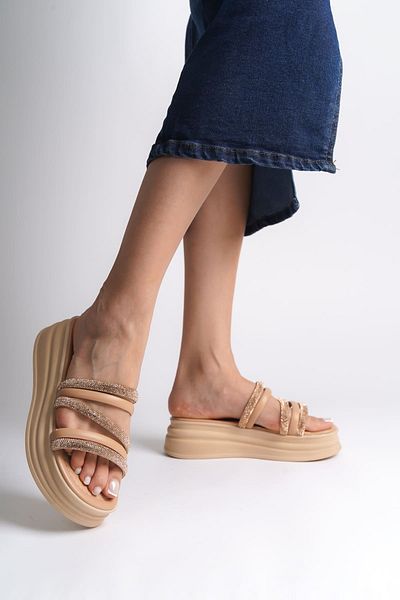 Zerenyus Γυναικείες παντόφλες ELA Flat Heel Stripe Stoned με χοντρή και ορθοπεδική σόλα