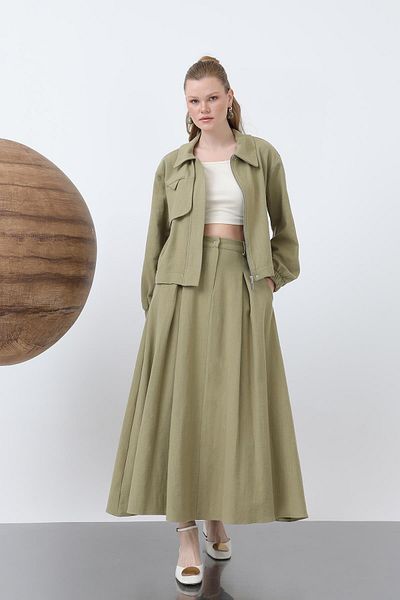Puane Women's Hidden Placket Zippered Skirt Suit - 14315Tks - Light Khaki