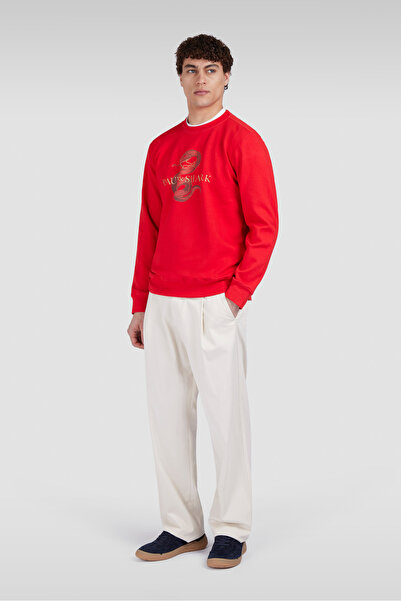 PAUL&SHARK Erkek Normal Kesim Pamuklu Yılan Yılı Baskılı Yuvarlak Yaka Uzun Kollu Kırmızı Sweatshirt 25411883-5