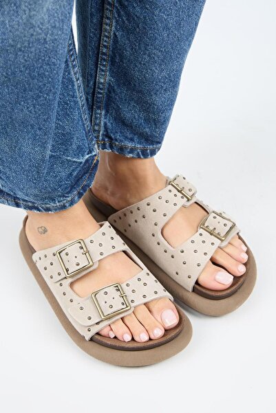 Manijero (Sude) Women's Genuine Leather Double Buckle Trock Beige Slippers