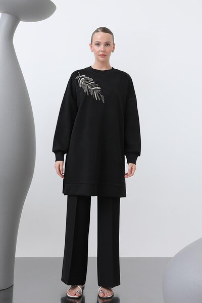 Puane Γυναικείο τουνίκ με κέντημα στον ώμο - 10629TNK - Μαύρο