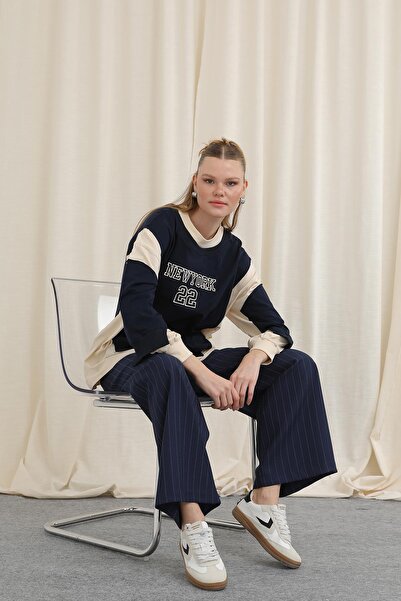 Puane Women's Embroidered Sweat - 32121Swt - Beige-Navy Blue