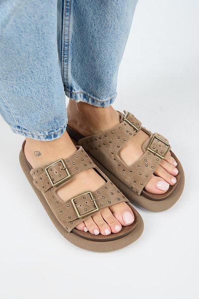 Manijero (Sude) Women's Genuine Leather Double Buckle Trock Mink Slippers