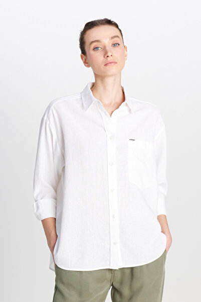 WRANGLER Relaxed Fit Geniş Kesim Keten Karışımlı Beyaz Gömlek