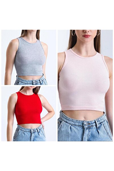 Lorya Giyim Women's 3-Pack Cotton Body Fitted Ribbed Sleeveless Crewneck Crop...
