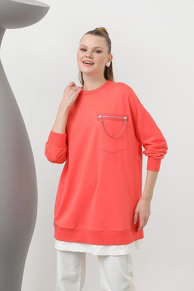 Puane Women's Double Sided Ornamental Zipper Detailed Tunic - 10620Tun - Coral