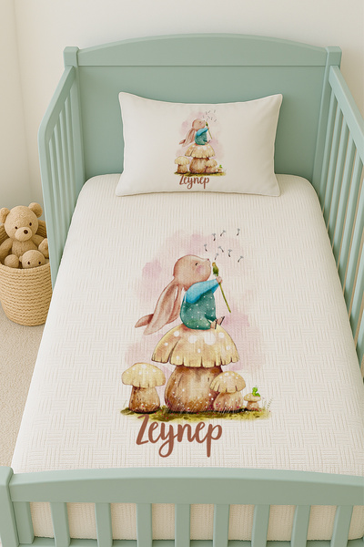 Lilabio %100 Pamuk İsme Özel İsimli 100x150 cm Pike Seti Mantar Üstünde Tavşan