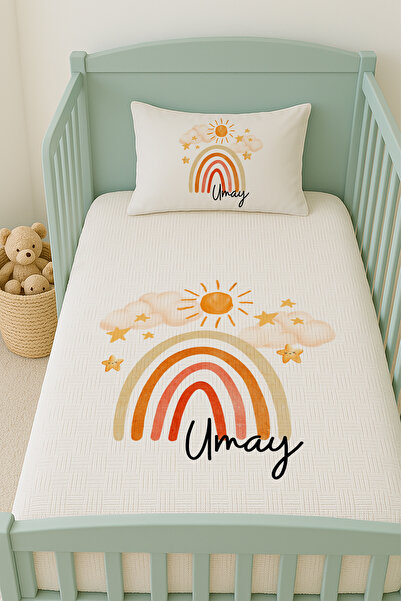 Lilabio %100 Pamuk İsme Özel İsimli 100x150 cm Pike Seti Güneşli Gökkuşağı
