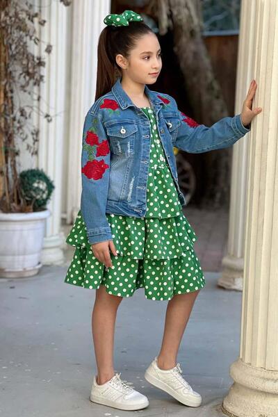 Riccotarz Girl's Floral Printed Denim Jacket Polka Dot Layered Pleated Green Dress