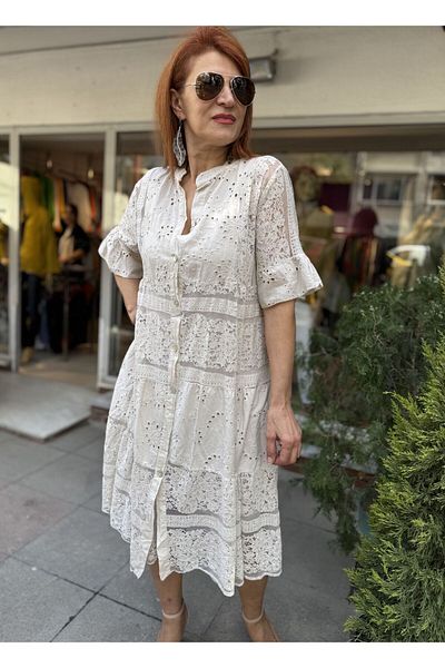 DenizEge Ιταλικό Ruched Guipure Midi Φόρεμα Μπεζ