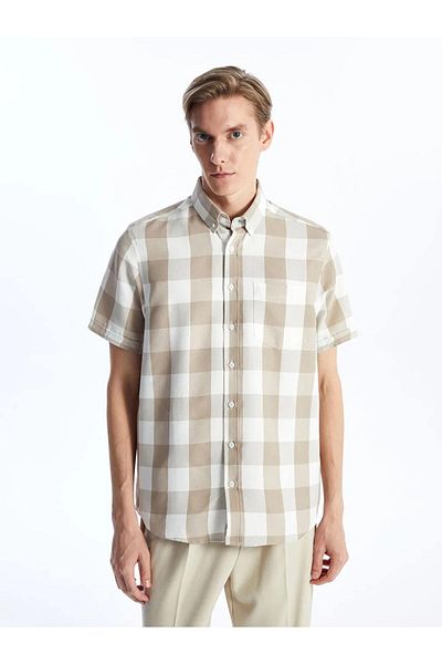 LC Waikiki Ανδρικό πουκάμισο LCWAIKIKI Classic Beige Regular Fit με κοντό μανίκι καρό Dobby