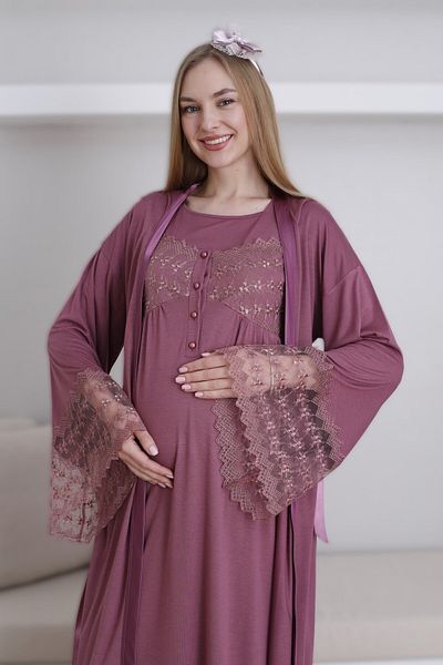 Lohussa Women's Cherry Lace Special Design Cotton Summer Maternity Maternity Dressing Gown Nightgown Set