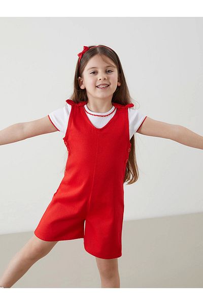 LC Waikiki Lcw Kids White Crew Neck Girls T-Shirt and Overalls 2-Piece