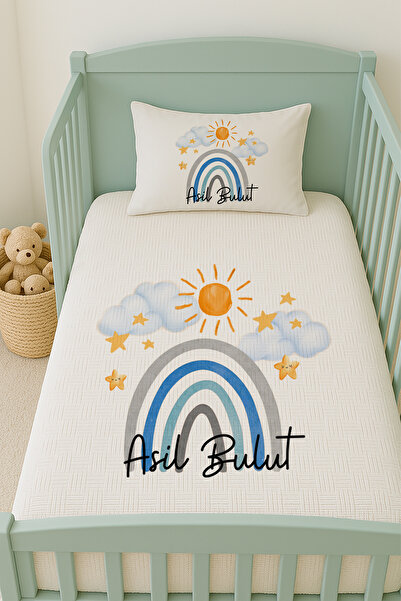 Lilabio %100 Pamuk İsme Özel İsimli 100x150 cm Pike Seti Mavili Gökkuşağı