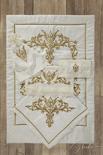 SHEKA Marka Osmanlı Desenli Maraş İşi Nakışlı Seccade Bohça Takımı – Gold