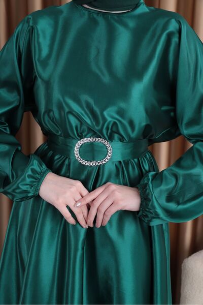 Şule Giyim Beli Lastikli Kemerli Saten Abiye