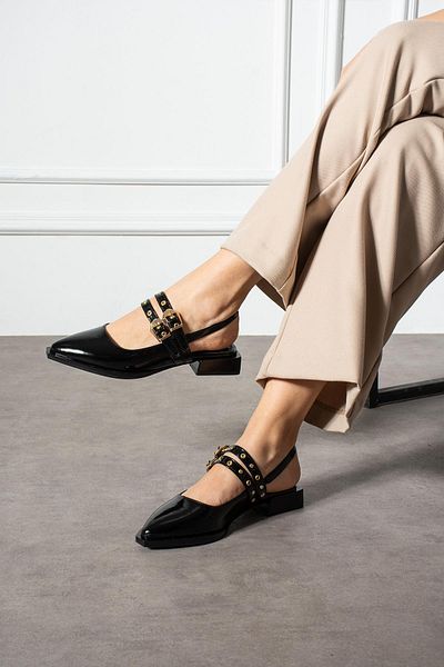 ShoeTek Balerini Lorssa pentru damă, cu cataramă cu curele duble subțiri, piele neagră lacuită