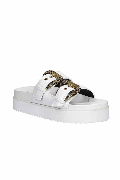 Versace Women's Buckle Double Belt Shiny Leather Comfortable Sole White Slippers