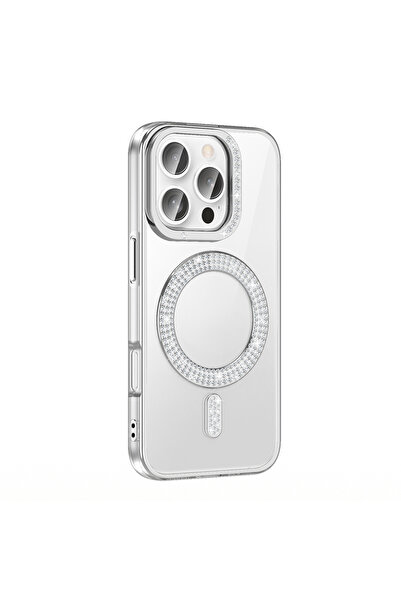 Nezih Case Apple iPhone 16 Pro Uyumlu Şeffaf Taşlı Magsafe Uyumlu Premium Pır...