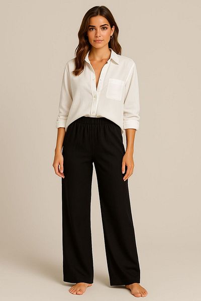 LOUİSA Women's Black Linen Blended Loose Cut Trousers