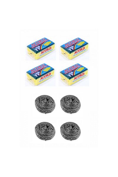 MBB ETİCARET 4 Pieces of Industrial Dish Wire and 4 Pieces of Industrial Multi-Purpose Dish Sponge Set
