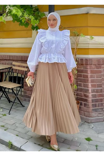 FLEX FASHION Women's Elastic Waist Plain Pleated Midi Length Skirt