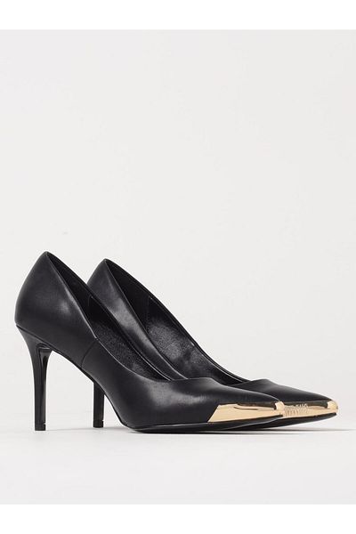 Versace Women's Almond Toe High Thin Heel Leather Classic Model Black Classic Heeled Shoes 78Va3S50Zps62