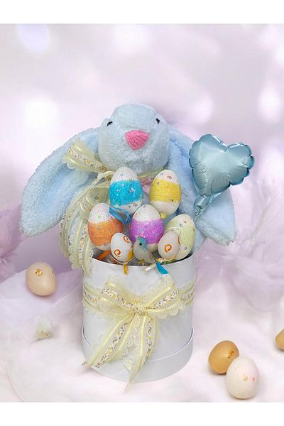 Sole Premium Easter Themed 45 cm Blue Bunny Rabbit Gift Box - Decorative Egg and Heart Balloon