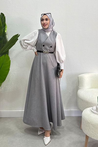 Tesettür Diyarı Sofia Linen Button Detailed Gilet Dress