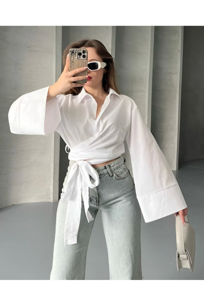 Bahar Altundemir Kadın Geniş Manşetli Ispanyol Kol Detaylı Önü Bağlamalı Popl...