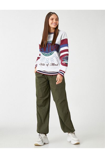 Koton College Sweatshirt Oversize New York Embroidered Long Sleeve Crew Neck With Fleece Inside