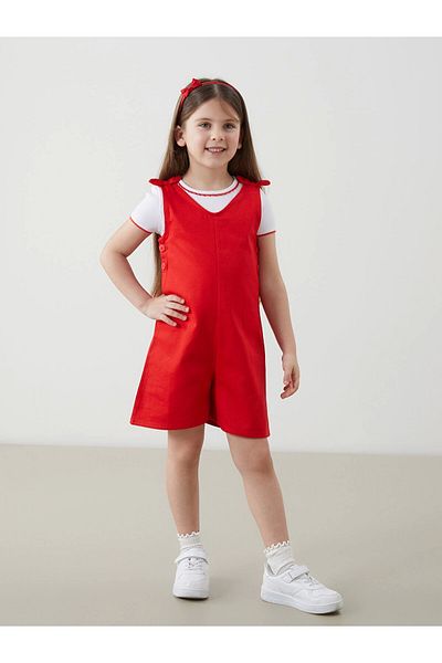LC Waikiki Lcw Kids White Crew Neck Girls T-Shirt and Overalls 2-Piece