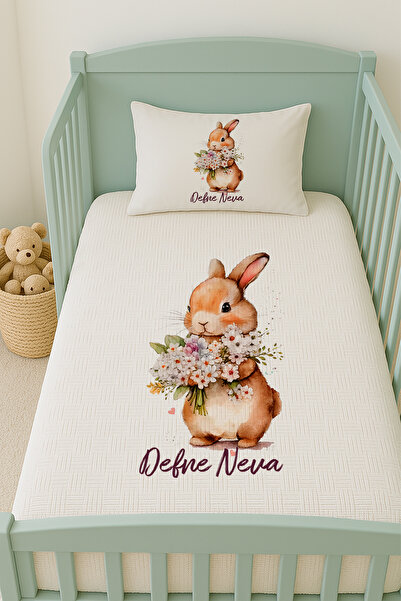 Lilabio %100 Pamuk İsme Özel İsimli 100x150 cm Pike Seti Çiçekli Tavşan