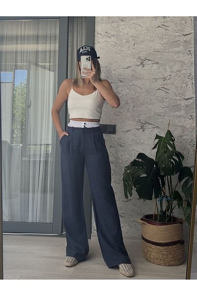 Natavanbutık Linen Navy Blue Shorts Detailed Design Trousers
