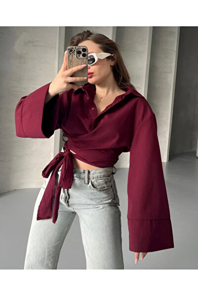 Bahar Altundemir Kadın Geniş Manşetli Ispanyol Kol Detaylı Önü Bağlamalı Popl...