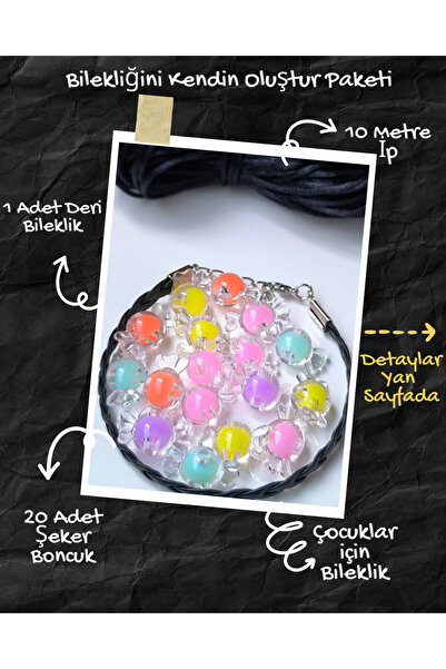 Esey Dizayn 20 Adet Şeker Boncuk + 10 Metre Siyah İp + Deri Bileklik -  Bilek...