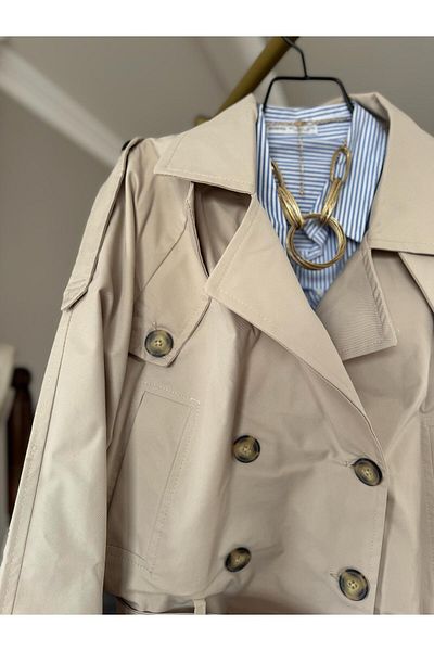 Natavanbutık Beige Color Oversize Short Trench Coat