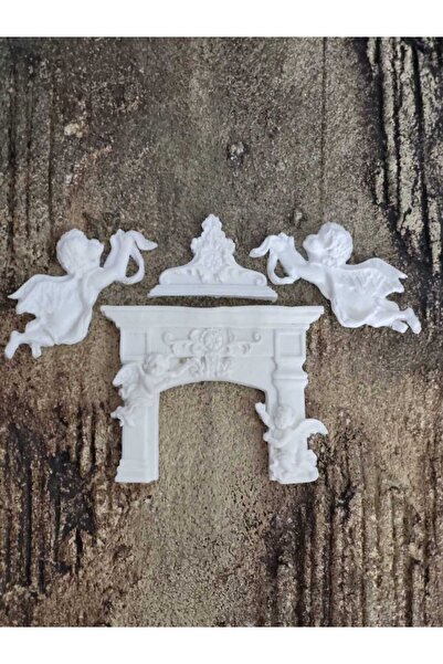 Hayalsanat Şömine ve Melekler 3 Parça Esnek Aplik No:HS52 Ahşap, Mobilya Yeni...