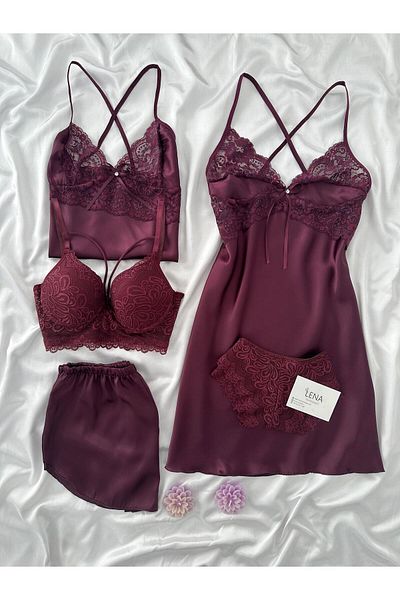 Lena Homewears Дамски комплект от 5 сатенени нощници, сутиен и шорти