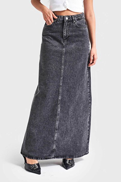 its basic Women's Anthracite Denim Color 3S5-14 Bell Cut 100% Koton Maxi Length 100 cm Denim Skirt