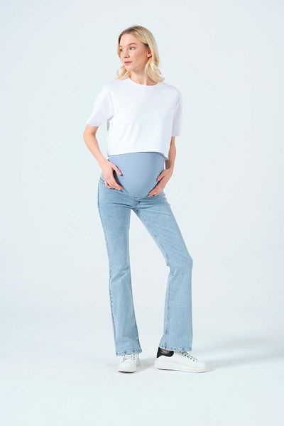 BUSA Maternity Stretchy Tummy Band Waist Adjustable Flared Leg Jeans Light Blue