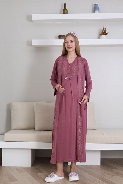Lohussa Women's Cherry Lace Special Design Cotton Summer Maternity Maternity Dressing Gown Nightgown Set