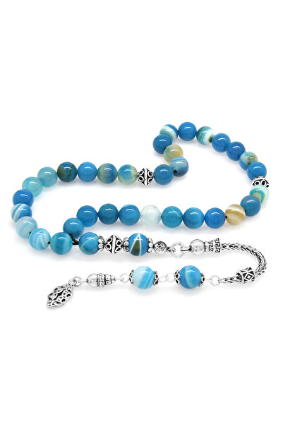 Tesbihane 925 проба срібний кулька з бахромою, синьо-білий агат, натуральний камінь, чотки