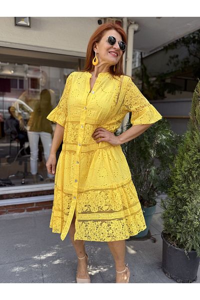 DenizEge Italian Lace Guipure Midi Dress Yellow