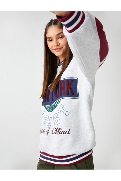 Koton College Sweatshirt Oversize New York Embroidered Long Sleeve Crew Neck With Fleece Inside