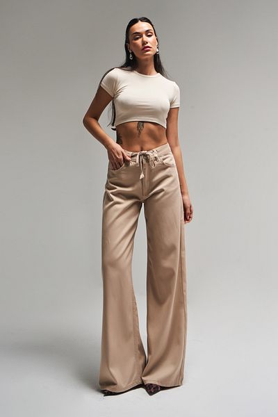 its basic Γυναικείο μπεζ χρώμα S5-29 Lace Up Palazzo Fit Loose Cut Καλοκαιρινό ύφασμα τζιν τζιν