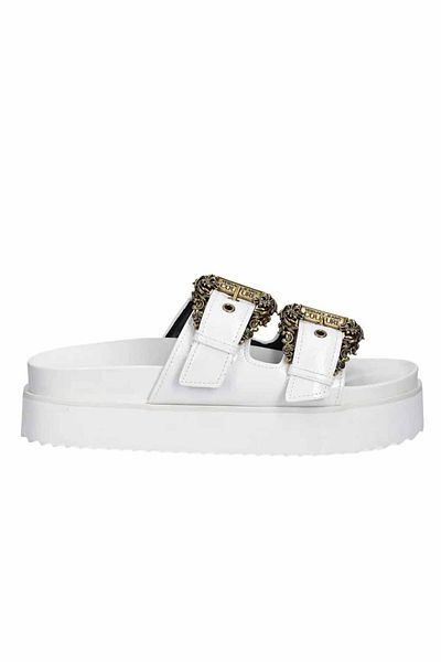 Versace Women's Buckle Double Belt Shiny Leather Comfortable Sole White Slippers