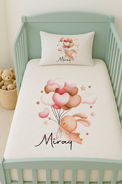 Lilabio %100 Pamuk İsme Özel İsimli 100x150 cm Pike Seti Balon Tutan Tavşan